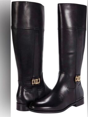 Lauren Ralph Lauren Black Leather Over-the-Knee Riding Boots with Gold RL Emblem
